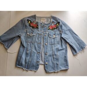 Hayden Embroidered Denim‎ Jacket Butterfly Floral Raw Hem Women's Size S